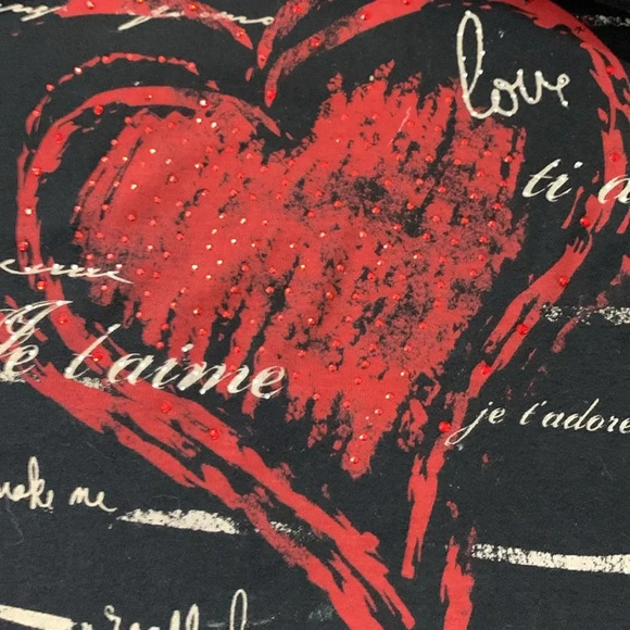 Jess & Jane 100% cotton, black w red & taupe 3/4 sleeve T-shirt w Love vibe - Picture 7 of 7